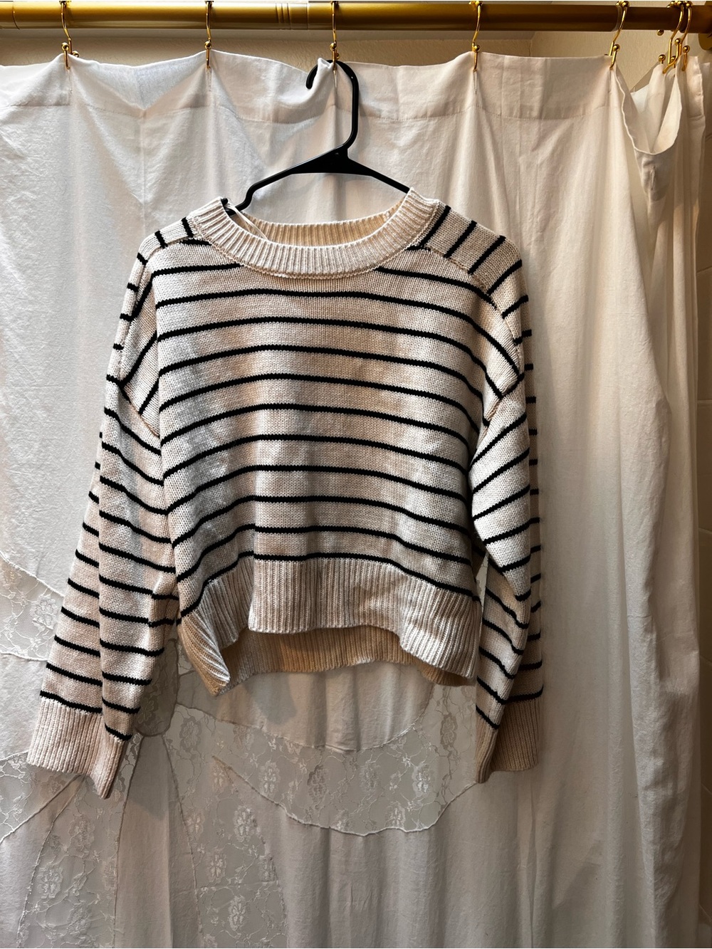 T Tahari Cream and Black Striped Cropped Crew Sweater